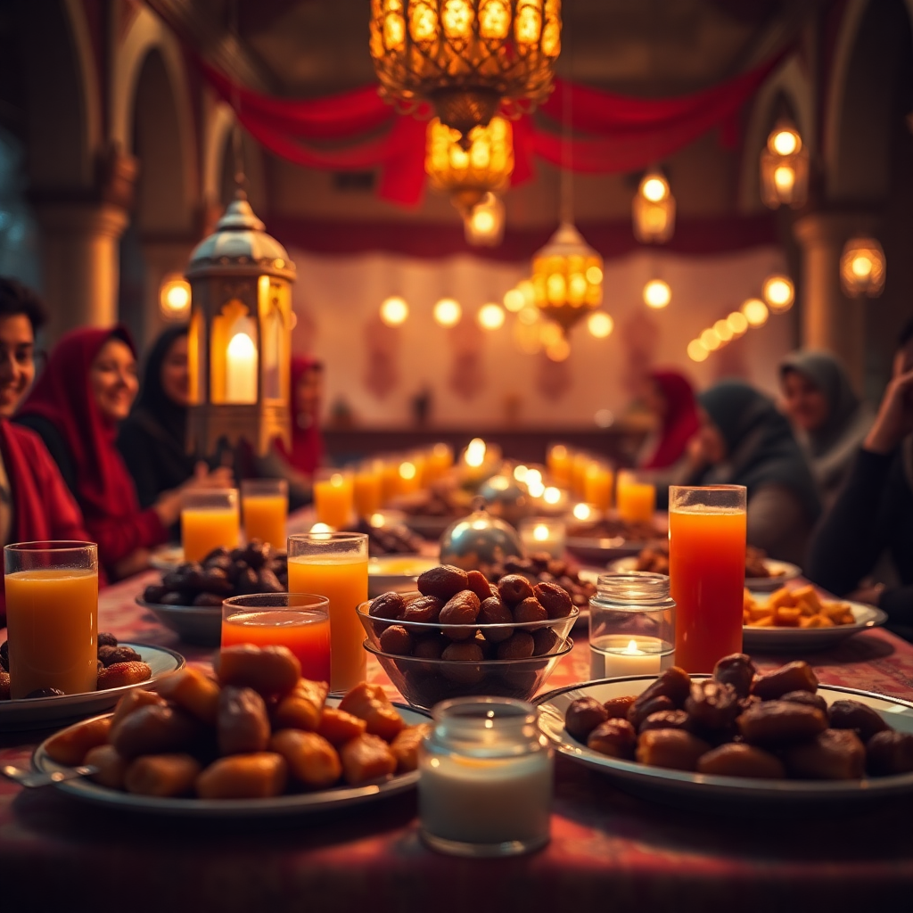 Warm and inviting photo of a community meal table filled with delicious food, sharing atmosphere, cinematic lighting