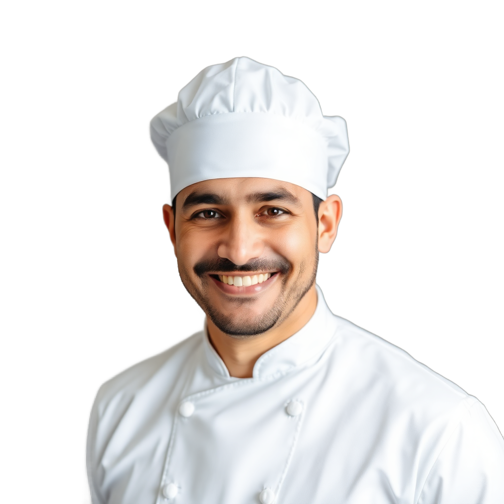 Professional portrait of chef in white chef uniform and hat, friendly smile